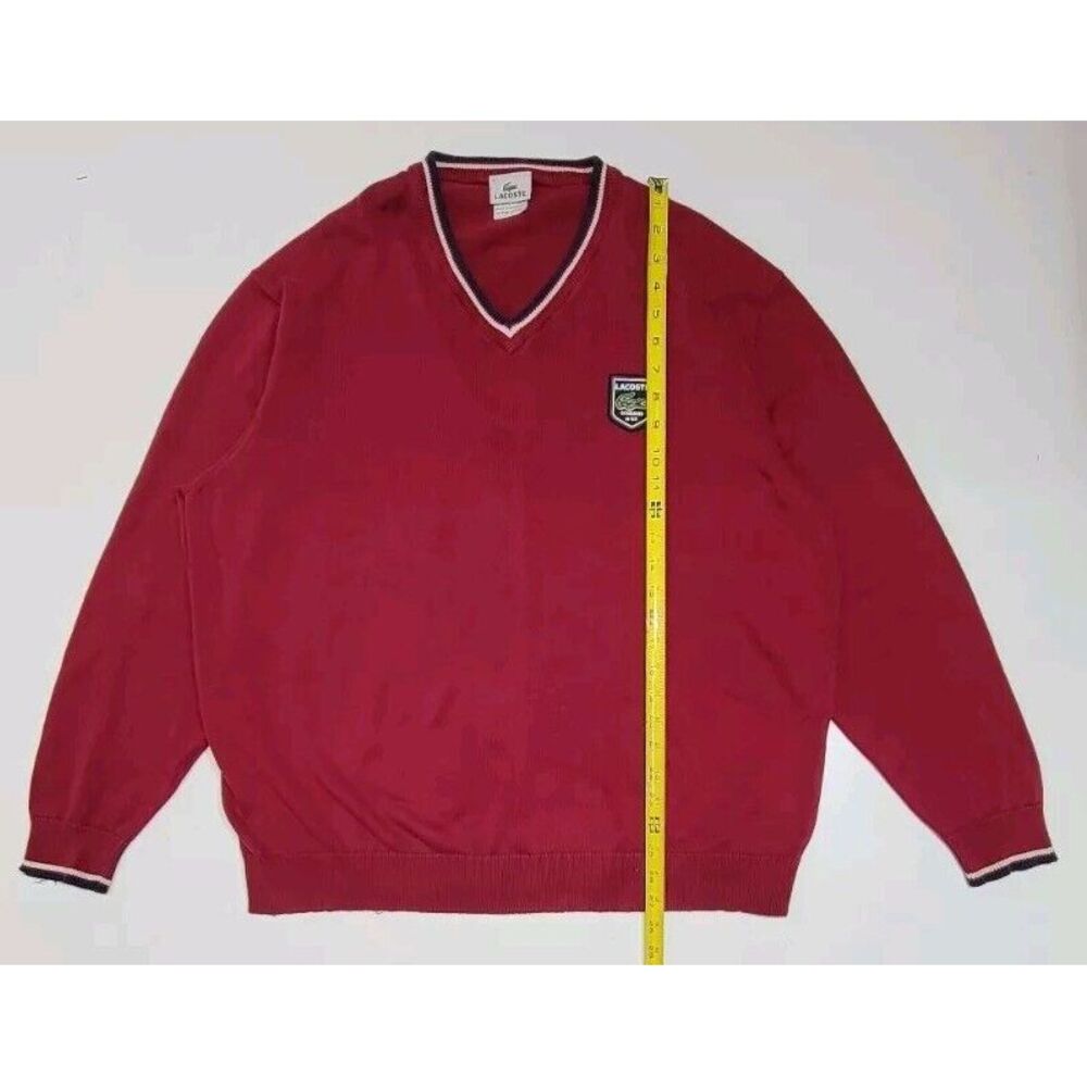 Lacoste Cotton V-Neck Crest Patch Knit Tennis Sweater Red Men's Size 8 3XL